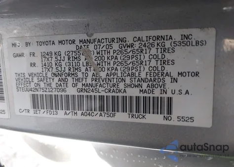 2005 Toyota Tacoma Base V6 from USA, damaged, VIN 5TEUU42N75Z127096